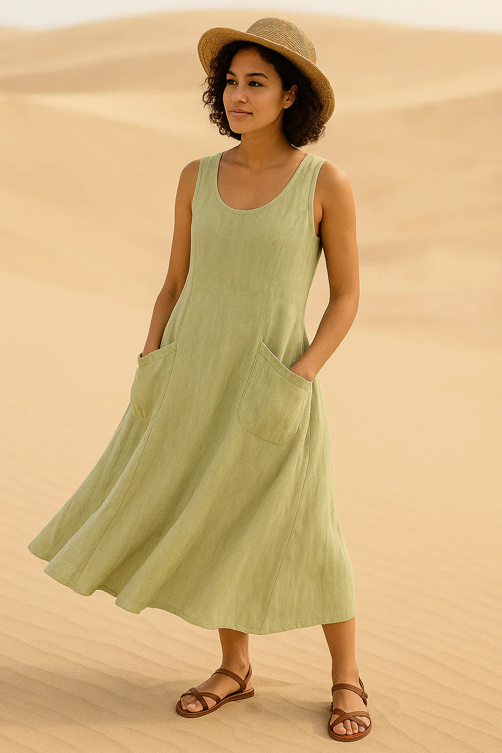 Vestido Isadora Midi sem Mangas e Bolsos Frontais