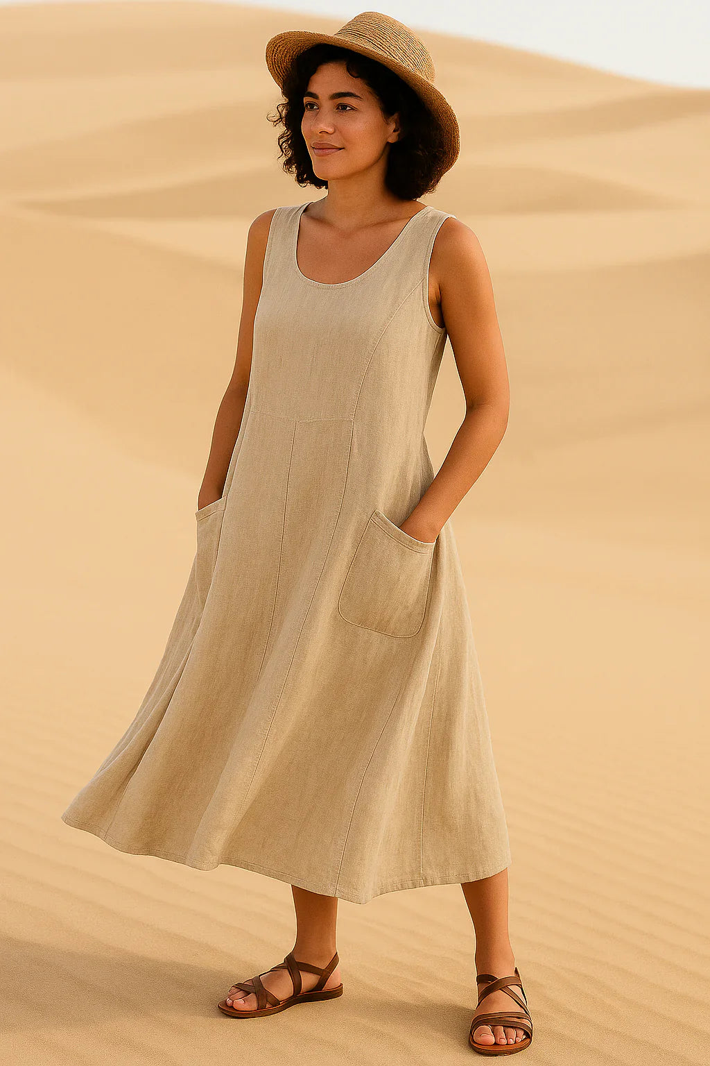 Vestido Isadora Midi sem Mangas e Bolsos Frontais
